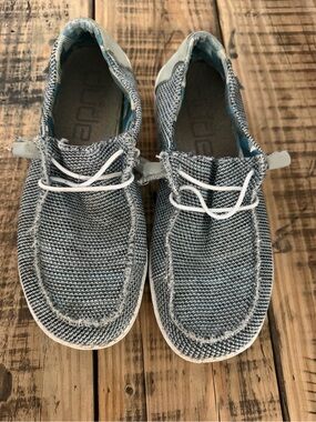 Hey Dude Men's Knit Slip-On Loafers in Heather Blue and White